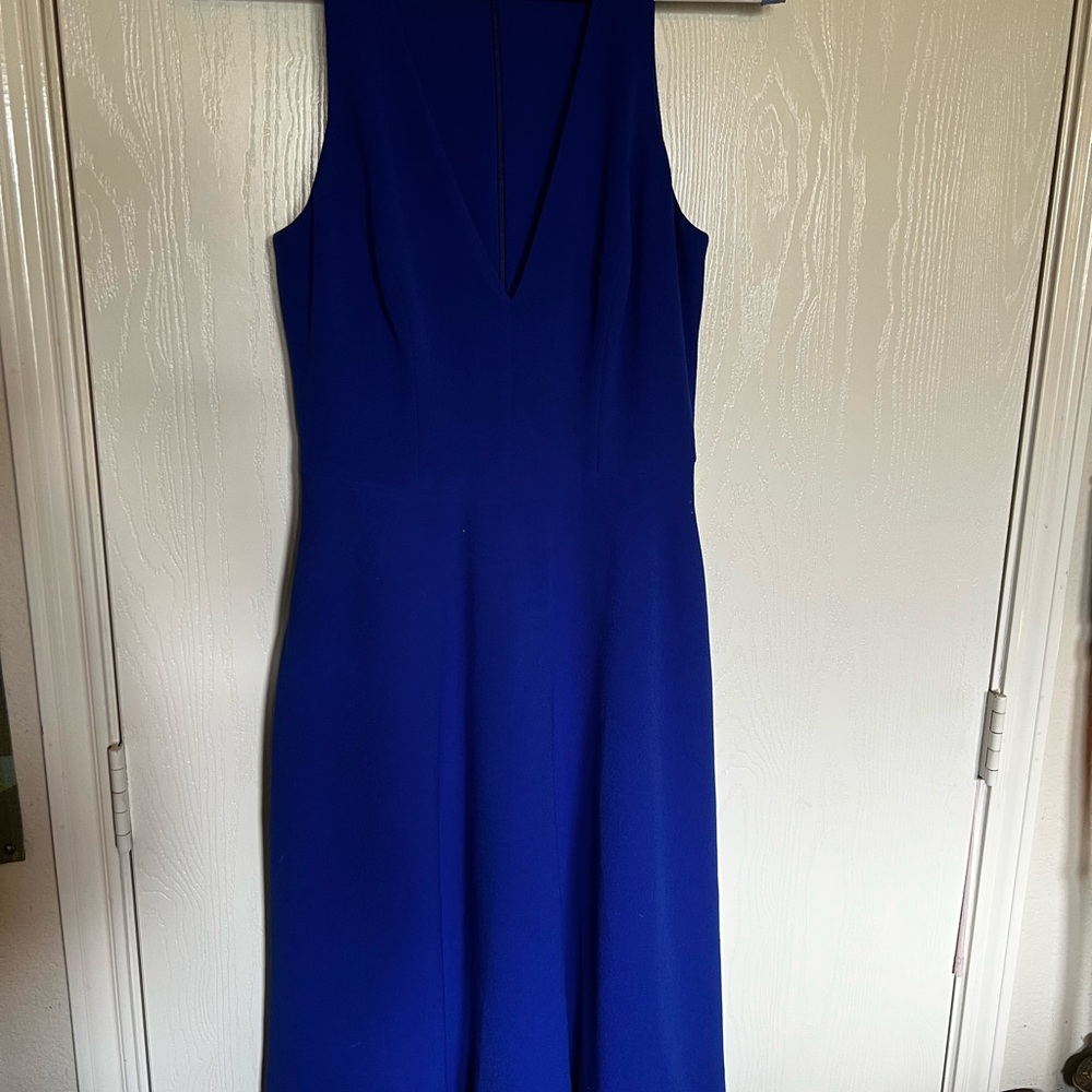 Dress the Population Blue V-Neck Sheath Midi Dress